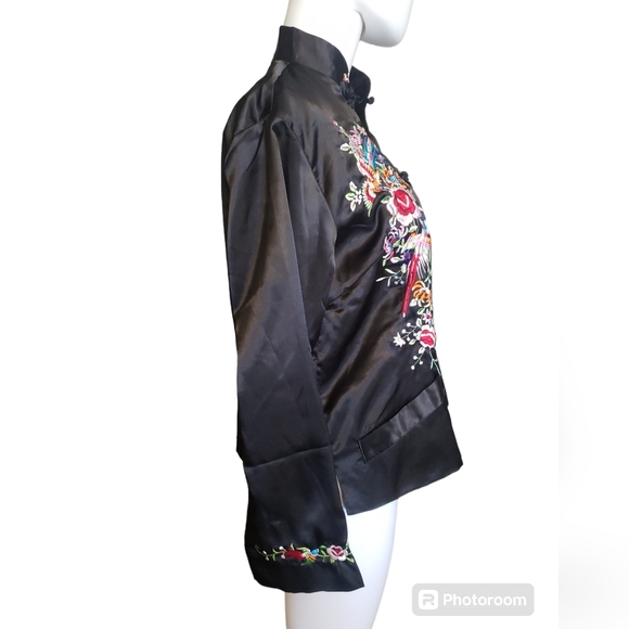 Vintage Embroidered Black Silk Satin Floral Birds Cocktail Jacket Women's Sz M - Picture 8 of 17